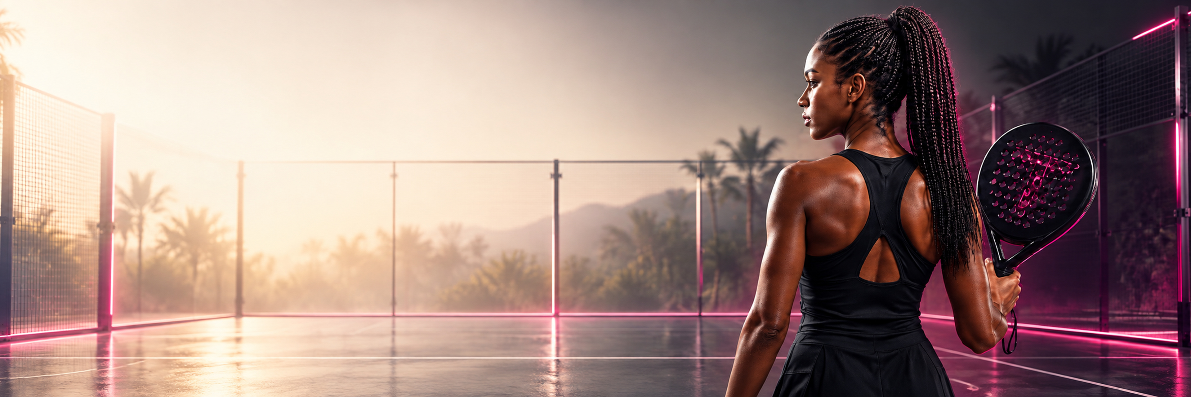 Black female padel player on court