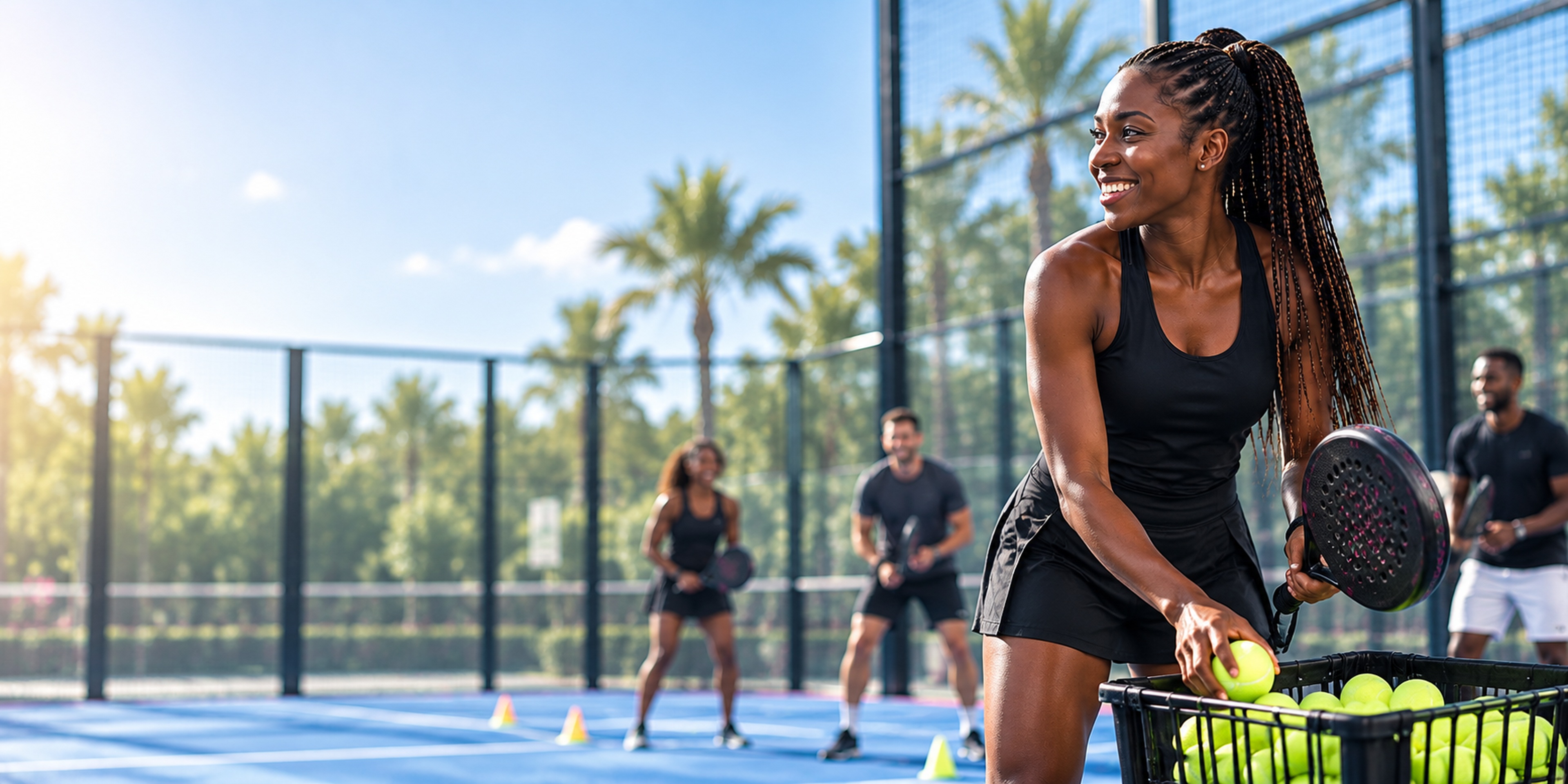 Black padel coach leading a group training session